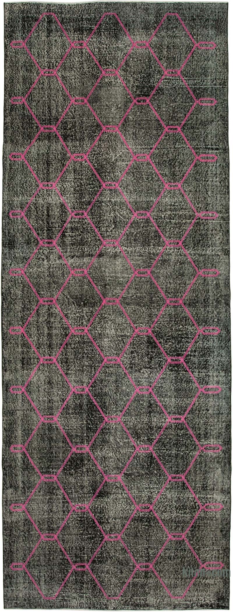 Black Embroidered Over-dyed Turkish Vintage Runner - 5' 1" x 13' 9" (61 in. x 165 in.) - K0038616