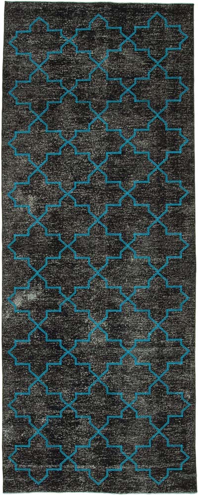 Siyah İşlemeli ve Boyalı El Dokuma Vintage Halı - 145 cm x 375 cm