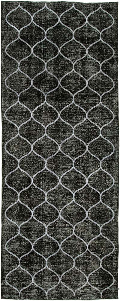 Siyah İşlemeli ve Boyalı El Dokuma Vintage Halı - 142 cm x 362 cm