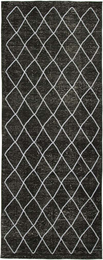 Siyah İşlemeli ve Boyalı El Dokuma Vintage Halı - 144 cm x 374 cm