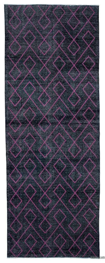 Black Embroidered Over-dyed Turkish Vintage Runner - 4' 10" x 13' 1" (58 in. x 157 in.)