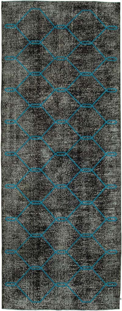 Siyah İşlemeli ve Boyalı El Dokuma Vintage Halı - 145 cm x 385 cm