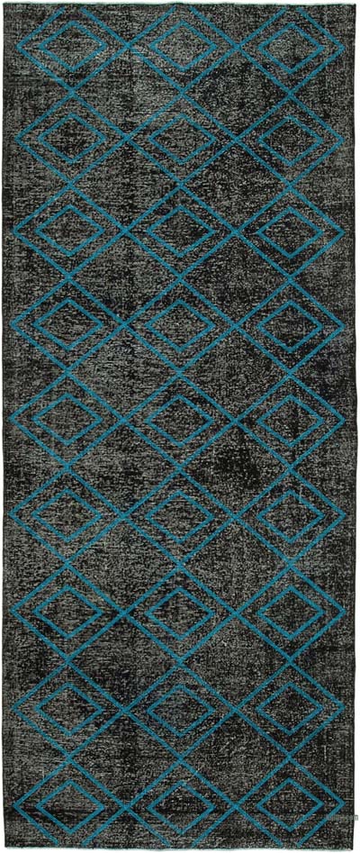 Siyah İşlemeli ve Boyalı El Dokuma Vintage Halı - 145 cm x 357 cm