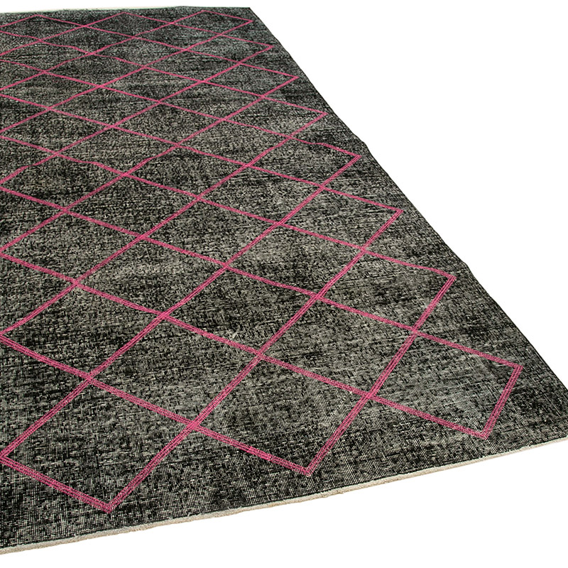 Siyah İşlemeli ve Boyalı El Dokuma Vintage Halı - 140 cm x 330 cm - K0038627
