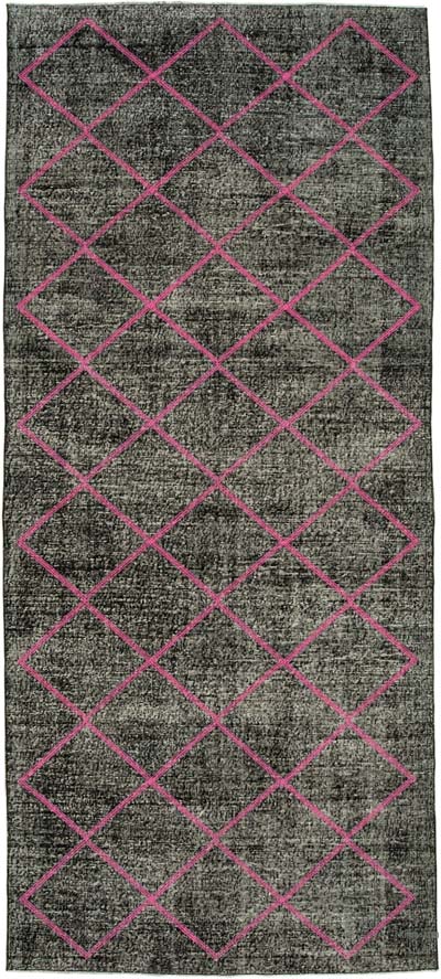 Siyah İşlemeli ve Boyalı El Dokuma Vintage Halı - 140 cm x 330 cm
