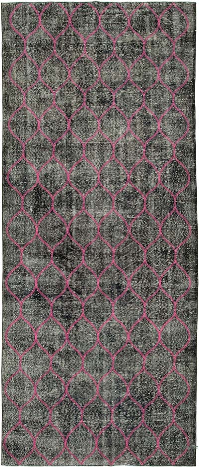 Siyah İşlemeli ve Boyalı El Dokuma Vintage Halı - 146 cm x 352 cm