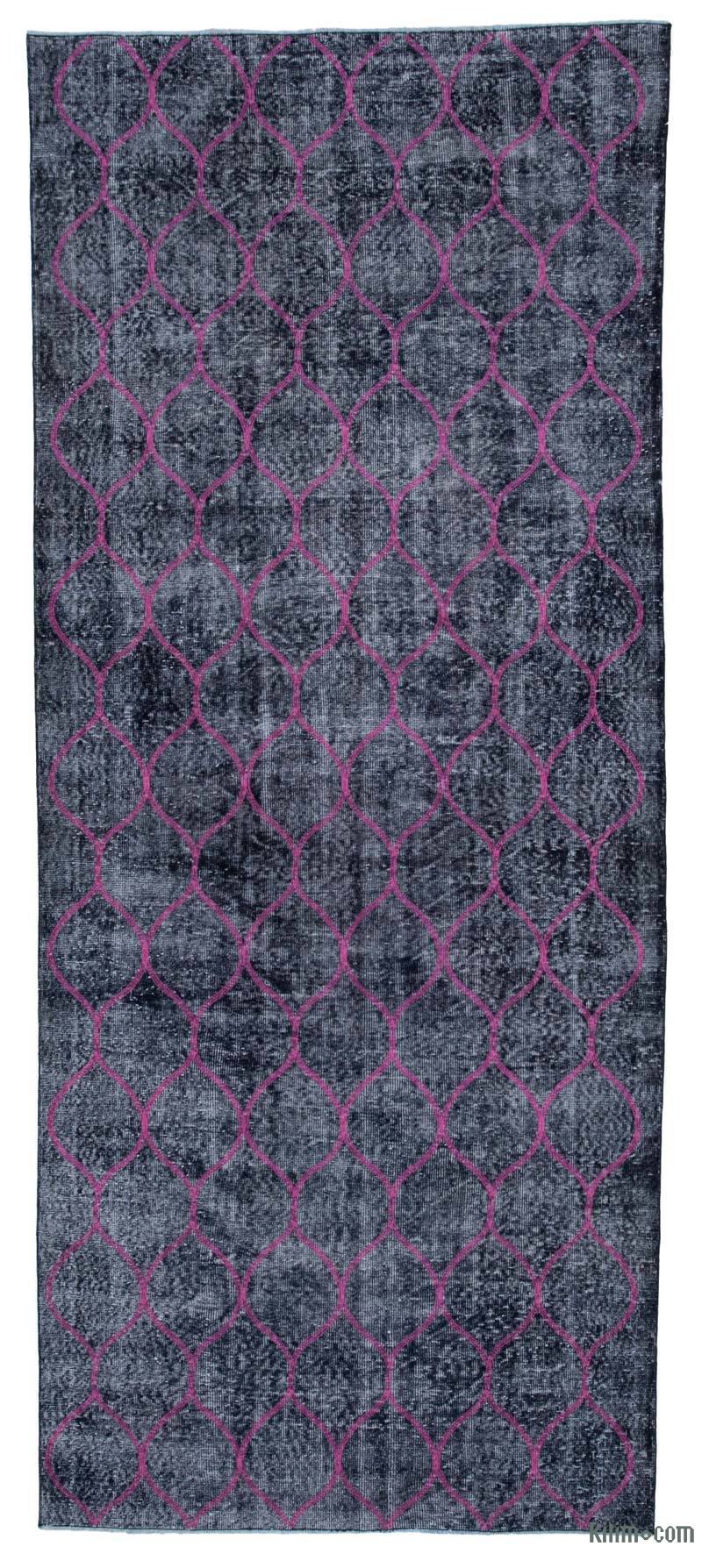 Black Embroidered Over-dyed Turkish Vintage Runner - 4' 9" x 11' 7" (57 in. x 139 in.) - K0038629
