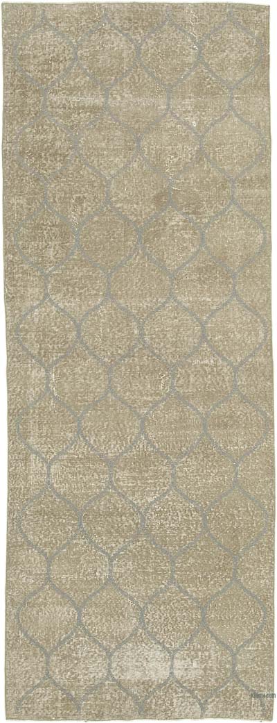 Gri İşlemeli ve Boyalı El Dokuma Vintage Halı - 111 cm x 303 cm