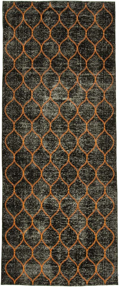 Siyah İşlemeli ve Boyalı El Dokuma Vintage Halı - 144 cm x 364 cm