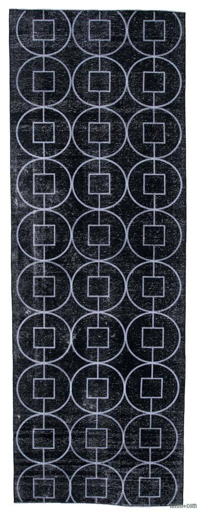 Siyah İşlemeli ve Boyalı El Dokuma Vintage Halı - 137 cm x 390 cm