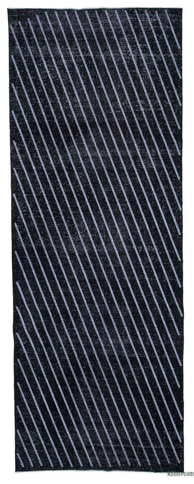 Siyah İşlemeli ve Boyalı El Dokuma Vintage Halı - 150 cm x 400 cm