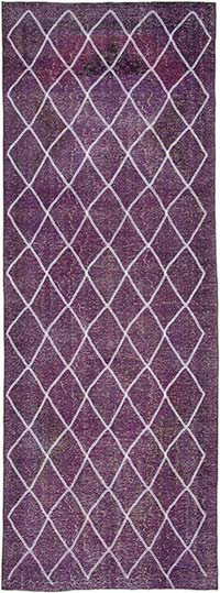 Mor İşlemeli ve Boyalı El Dokuma Vintage Halı - 139 cm x 392 cm