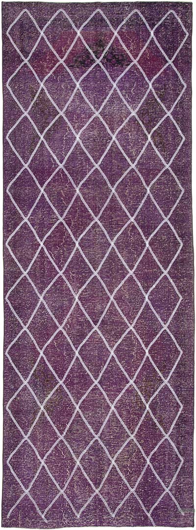Mor İşlemeli ve Boyalı El Dokuma Vintage Halı - 139 cm x 392 cm