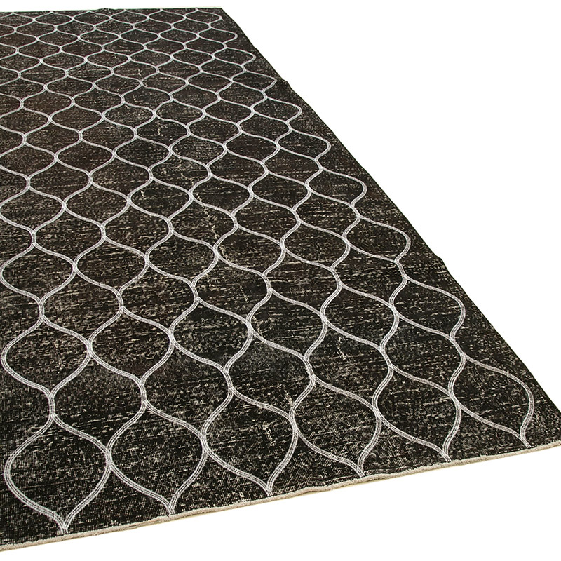 Negro Alfombra Turca bordada sobre teñida vintage - 146 cm x 399 cm - K0038636