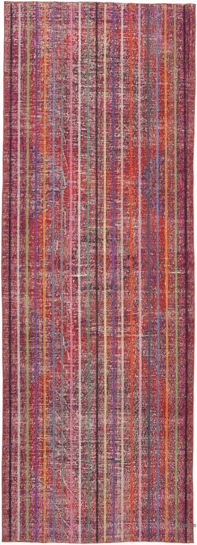 Pembe İşlemeli ve Boyalı El Dokuma Vintage Halı - 138 cm x 390 cm