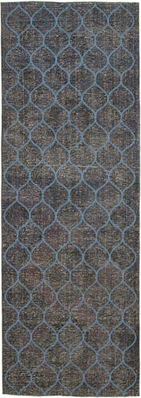 Lacivert İşlemeli ve Boyalı El Dokuma Vintage Halı - 139 cm x 398 cm