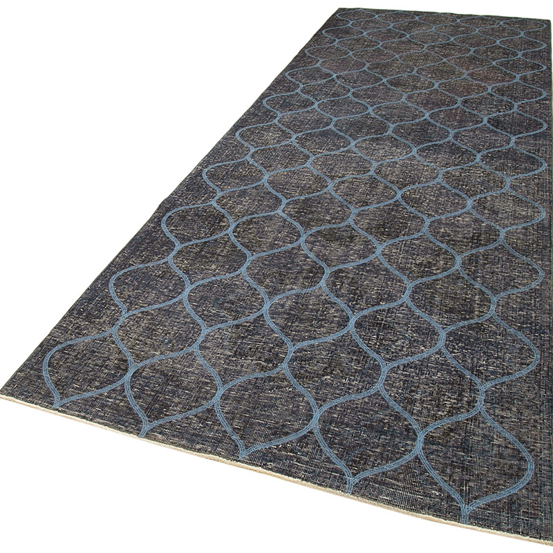 Azul Oscuro Alfombra Turca bordada sobre teñida vintage - 139 cm x 398 cm - K0038638