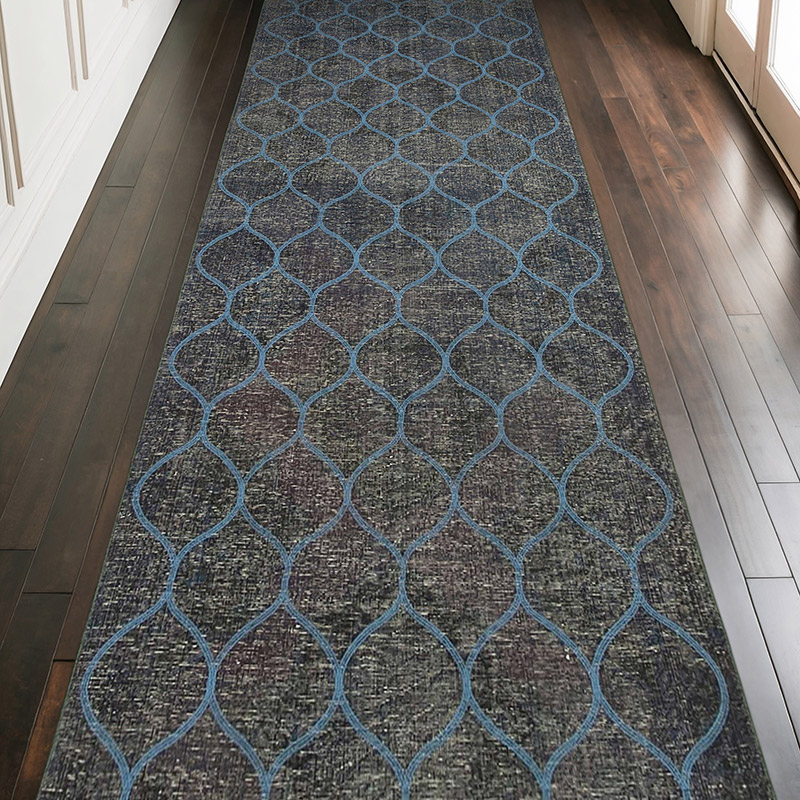 Azul Oscuro Alfombra Turca bordada sobre teñida vintage - 139 cm x 398 cm - K0038638