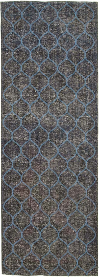 Lacivert İşlemeli ve Boyalı El Dokuma Vintage Halı - 139 cm x 398 cm