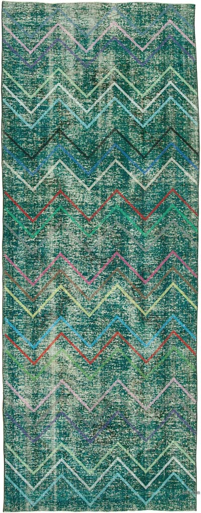 İşlemeli ve Boyalı El Dokuma Vintage Halı - 139 cm x 368 cm