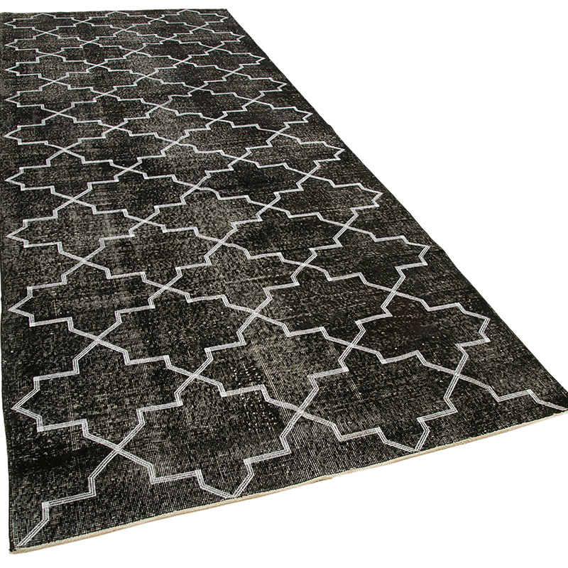 Negro Alfombra Turca bordada sobre teñida vintage - 147 cm x 383 cm - K0038642
