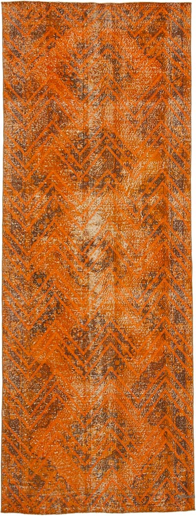 Turuncu İşlemeli ve Boyalı El Dokuma Vintage Halı - 138 cm x 382 cm