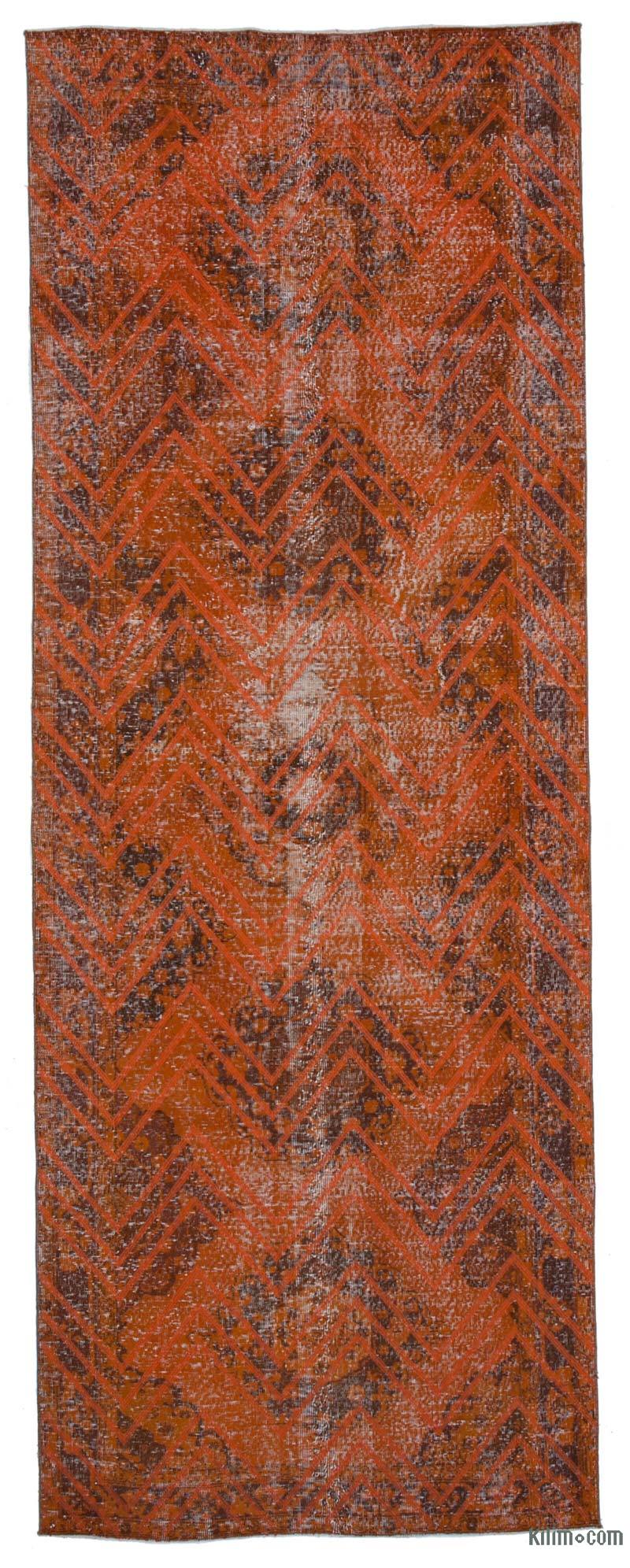 Turuncu İşlemeli ve Boyalı El Dokuma Vintage Halı - 138 cm x 382 cm - K0038643