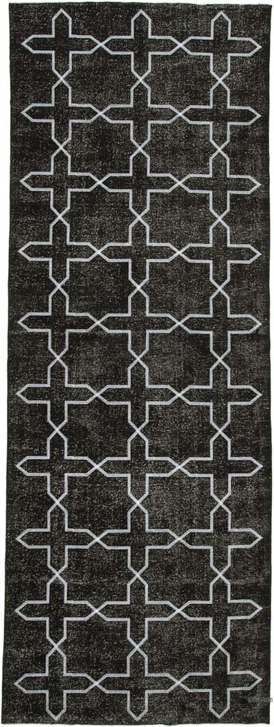 Siyah İşlemeli ve Boyalı El Dokuma Vintage Halı - 146 cm x 406 cm