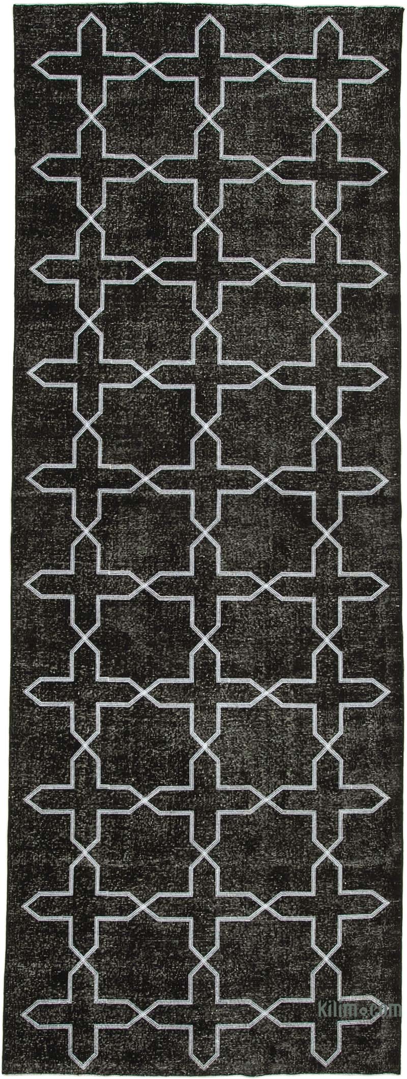 Negro Alfombra Turca bordada sobre teñida vintage - 146 cm x 406 cm - K0038645