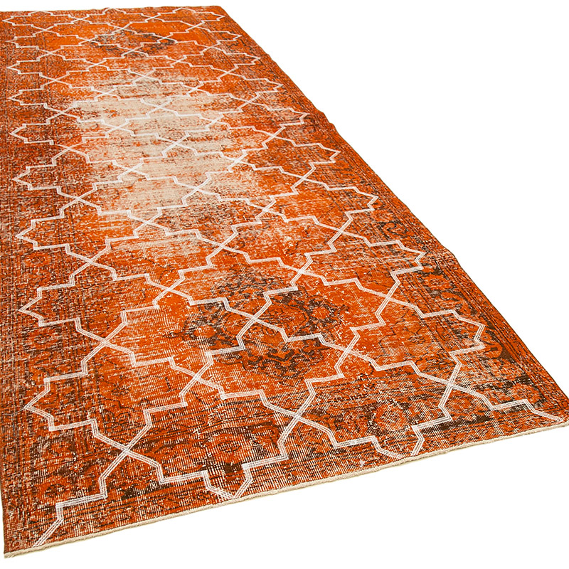 Turuncu İşlemeli ve Boyalı El Dokuma Vintage Halı - 144 cm x 380 cm - K0038646