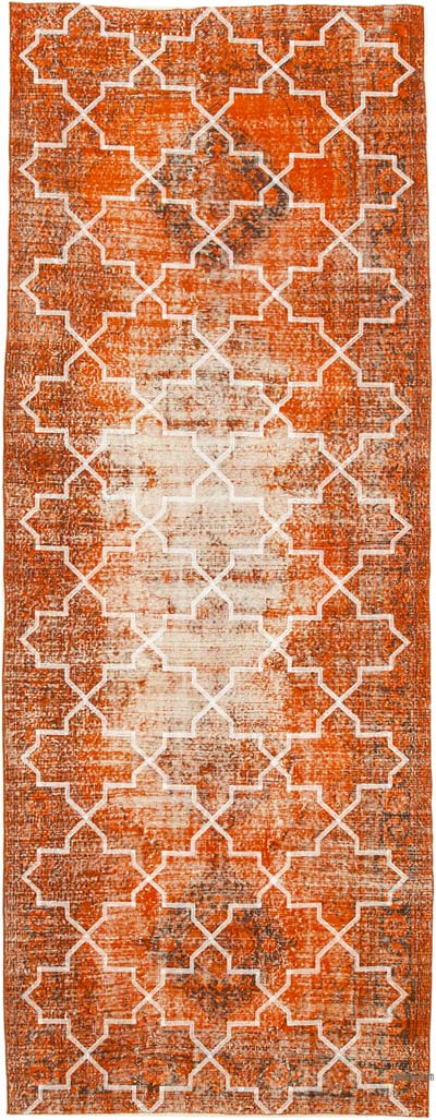 Turuncu İşlemeli ve Boyalı El Dokuma Vintage Halı - 144 cm x 380 cm