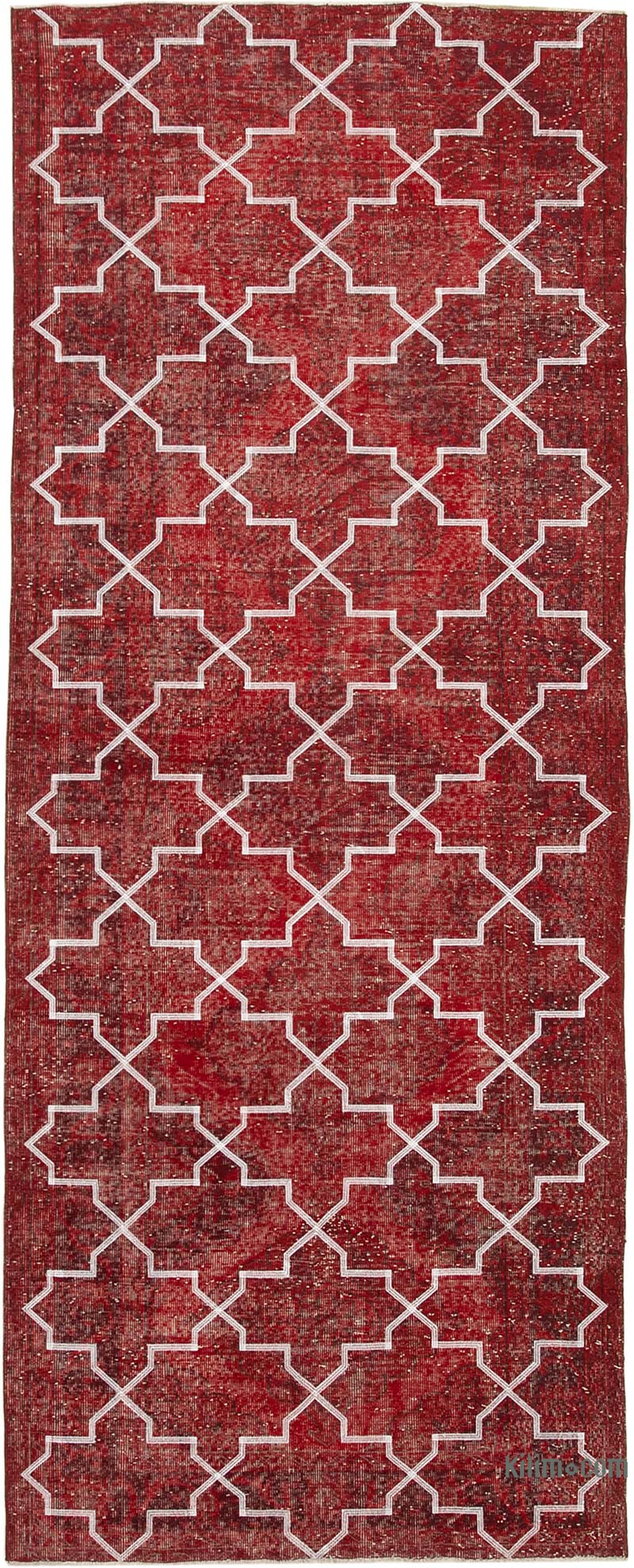Kırmızı İşlemeli ve Boyalı El Dokuma Vintage Halı - 150 cm x 380 cm - K0038649
