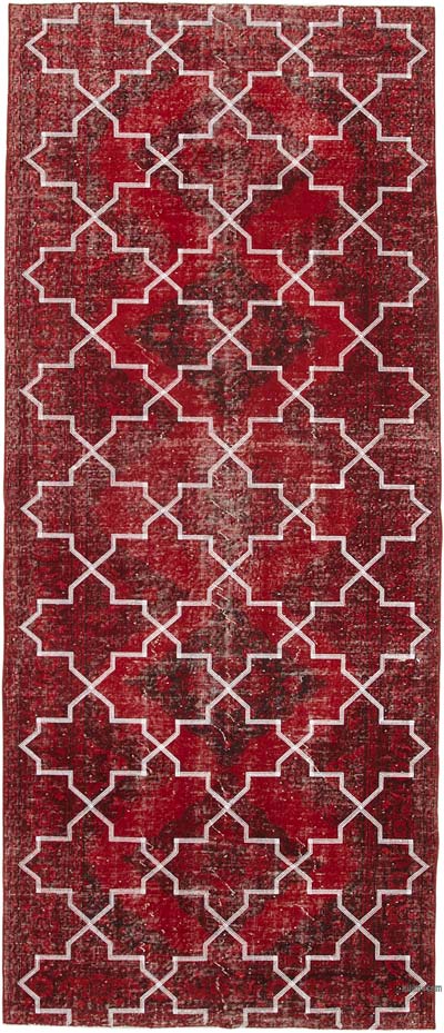 Kırmızı İşlemeli ve Boyalı El Dokuma Vintage Halı - 148 cm x 351 cm