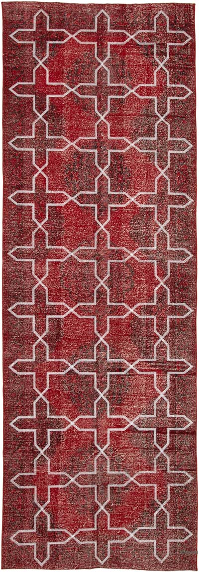 Kırmızı İşlemeli ve Boyalı El Dokuma Vintage Halı - 140 cm x 412 cm