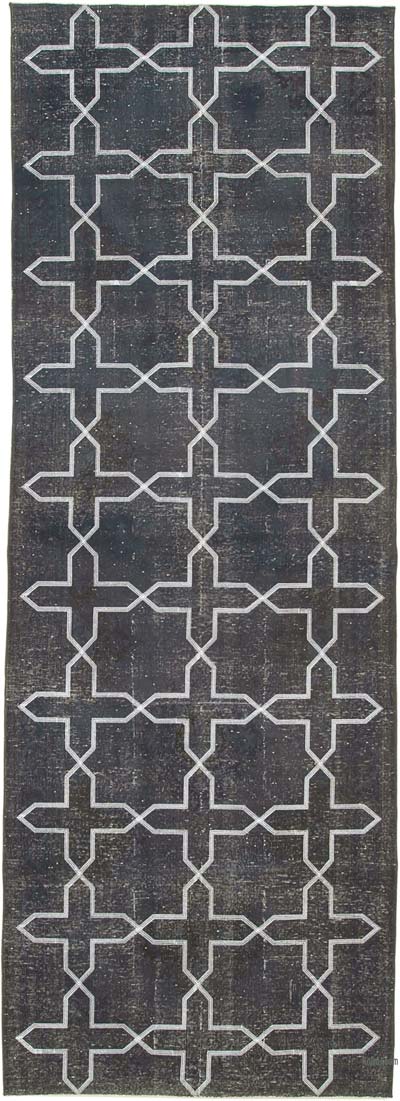 Siyah İşlemeli ve Boyalı El Dokuma Vintage Halı - 141 cm x 400 cm