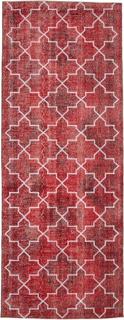 Kırmızı İşlemeli ve Boyalı El Dokuma Vintage Halı - 145 cm x 382 cm