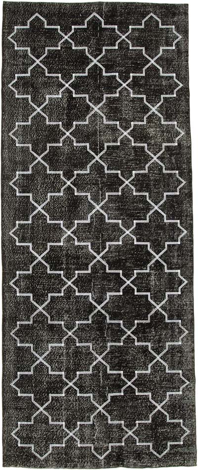 Siyah İşlemeli ve Boyalı El Dokuma Vintage Halı - 152 cm x 376 cm