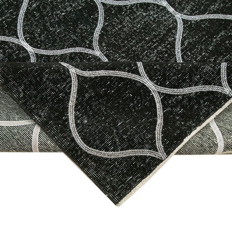 Siyah İşlemeli ve Boyalı El Dokuma Vintage Halı - 145 cm x 396 cm - K0038658
