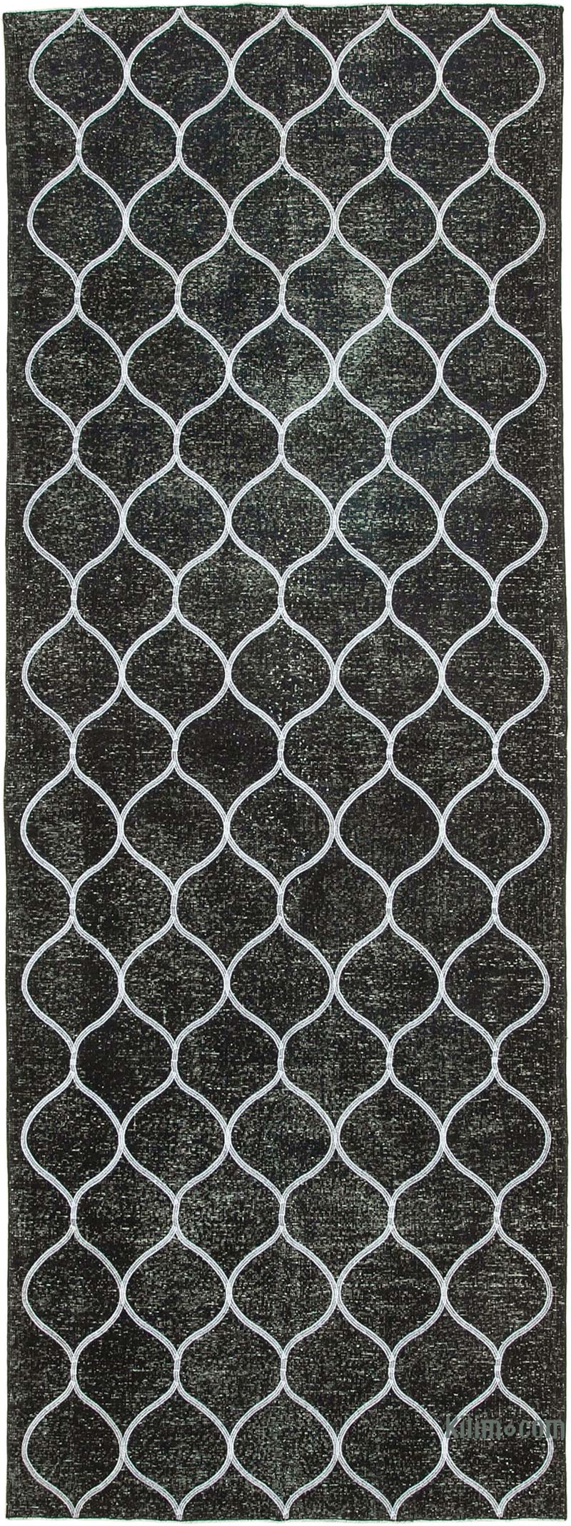 Siyah İşlemeli ve Boyalı El Dokuma Vintage Halı - 145 cm x 396 cm - K0038658