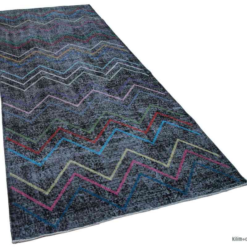 Black Embroidered Over-dyed Turkish Vintage Runner - 4' 10" x 12' 2" (58 in. x 146 in.) - K0038659