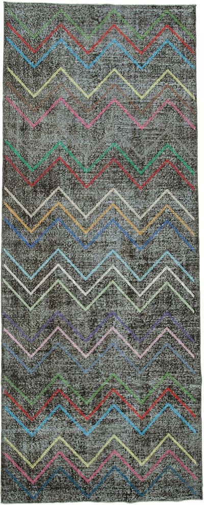 Siyah İşlemeli ve Boyalı El Dokuma Vintage Halı - 147 cm x 370 cm