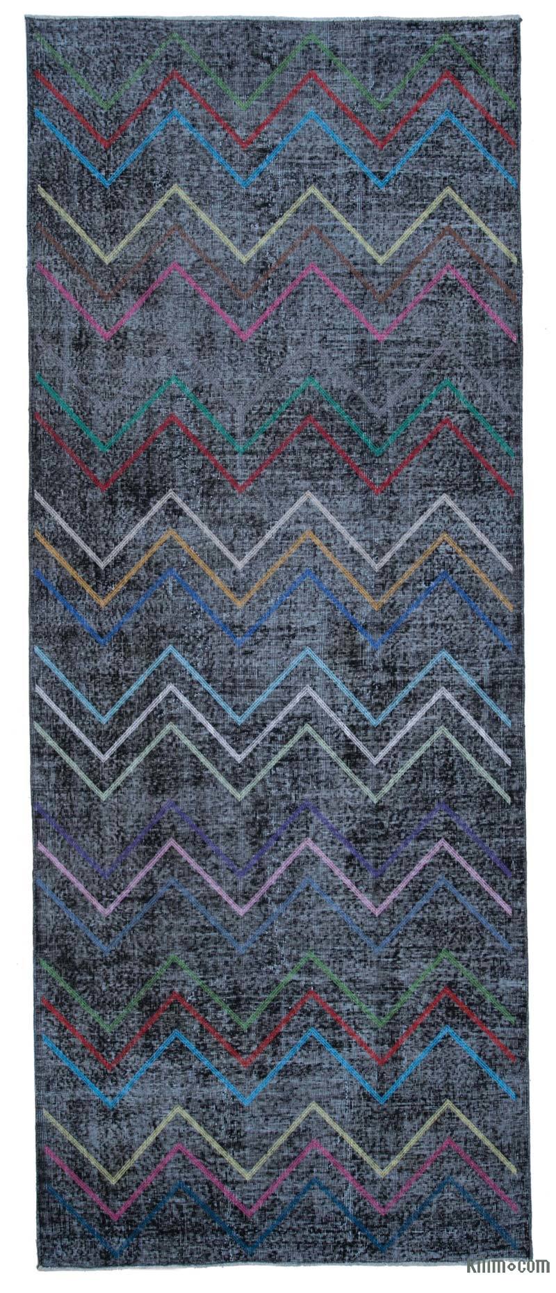Black Embroidered Over-dyed Turkish Vintage Runner - 4' 10" x 12' 2" (58 in. x 146 in.) - K0038659