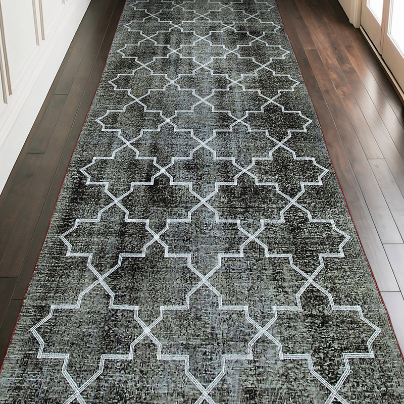 Negro Alfombra Turca bordada sobre teñida vintage - 145 cm x 383 cm - K0038661
