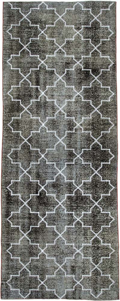 Siyah İşlemeli ve Boyalı El Dokuma Vintage Halı - 145 cm x 383 cm