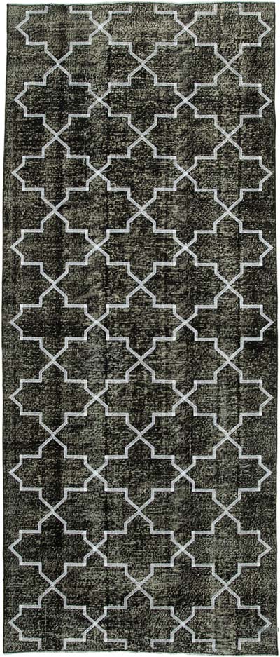 Siyah İşlemeli ve Boyalı El Dokuma Vintage Halı - 142 cm x 352 cm