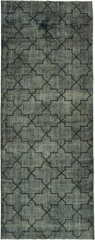 Siyah İşlemeli ve Boyalı El Dokuma Vintage Halı - 142 cm x 365 cm