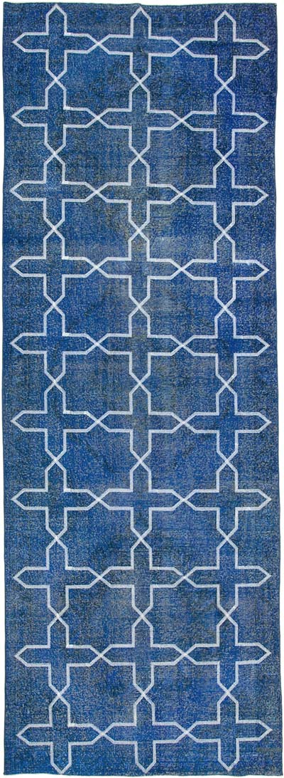 Mavi İşlemeli ve Boyalı El Dokuma Vintage Halı - 144 cm x 402 cm