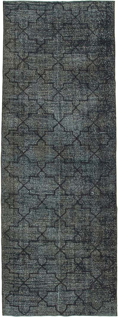 Siyah İşlemeli ve Boyalı El Dokuma Vintage Halı - 143 cm x 410 cm