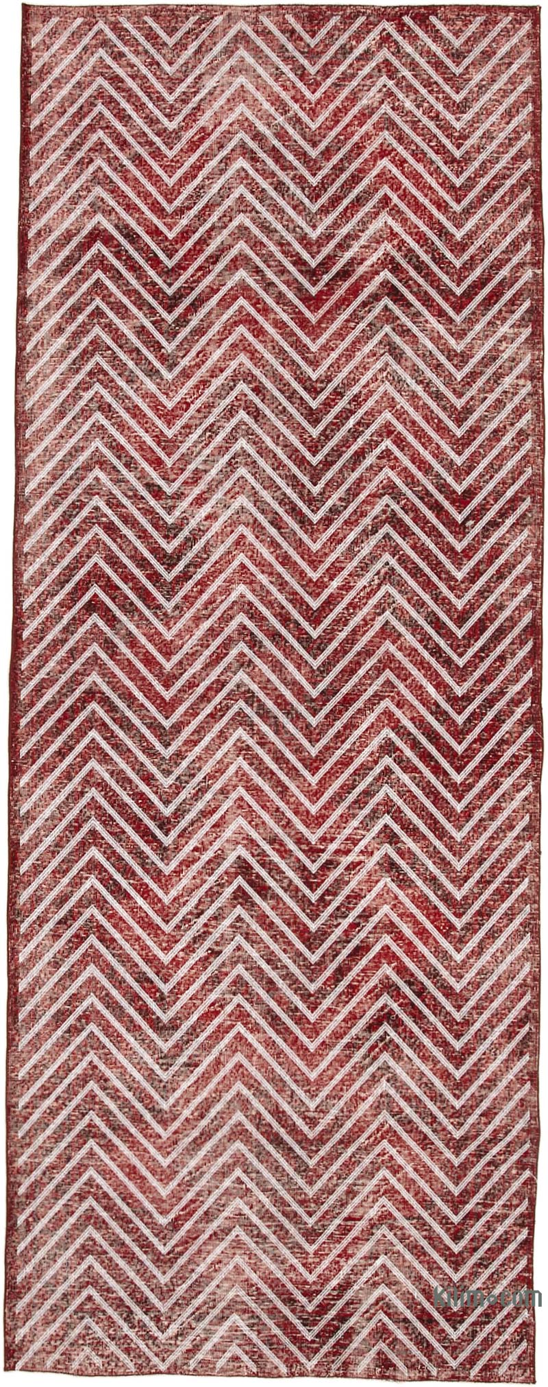 Kırmızı İşlemeli ve Boyalı El Dokuma Vintage Halı - 146 cm x 382 cm - K0038672