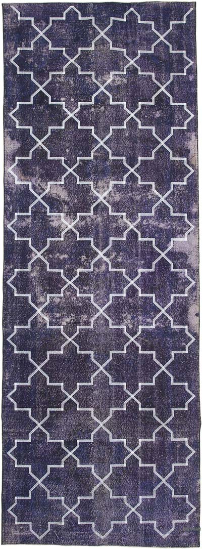 Mor İşlemeli ve Boyalı El Dokuma Vintage Halı - 138 cm x 387 cm